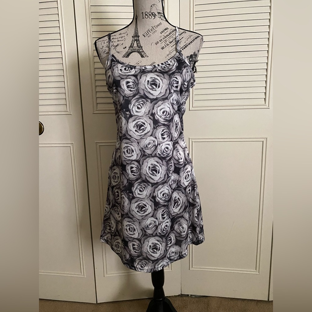 Hair Spray digital rose floral print monochrome black white gray dress vtg 90s